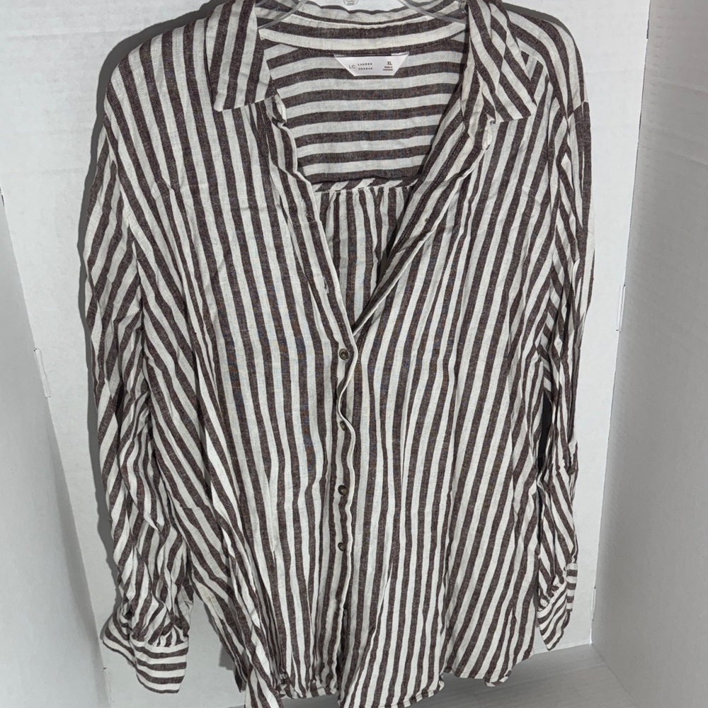 LC Lauren Conrad rust/brown and White Striped Button-Down Shirt